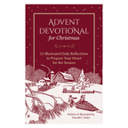 Book cover of 'Advent Devotional for Christmas' with a winter scene illustration on a red background.
