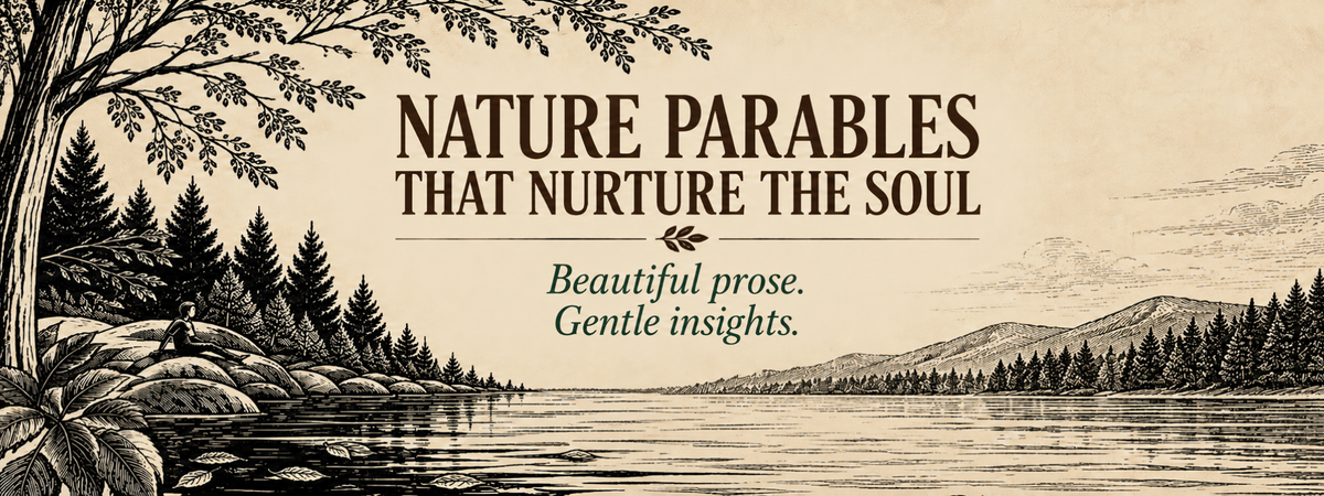 Vintage nature illustration with a lake, forest and mountains featuring the words “Nature Parables That Nurture the Soul. Beautiful prose. Gentle insights