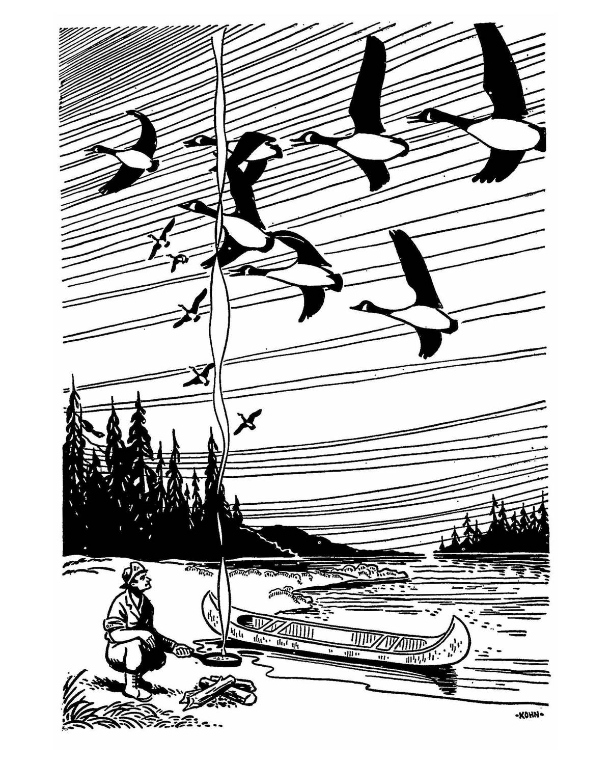 Black-and-white illustration by Harold E. Kohn of geese flying with a man and campfire with shore lunch and canoe