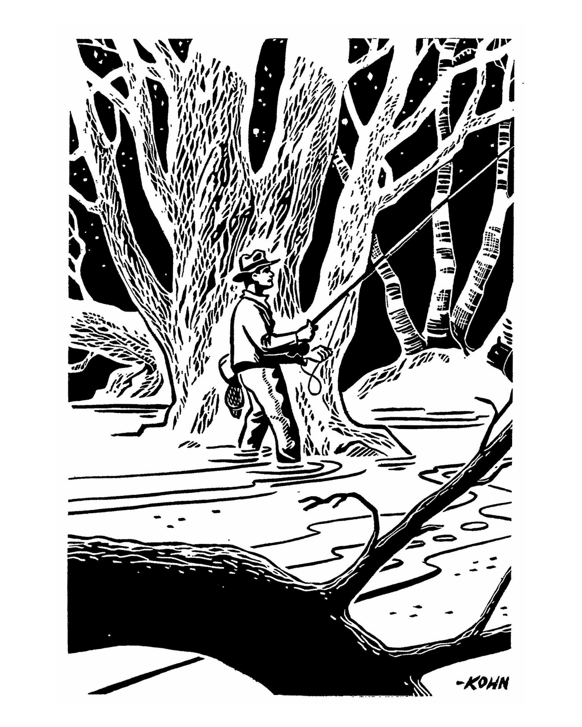 Black-and-white illustration by Harold E. Kohn of a man fly fishing in a river at night in the woods