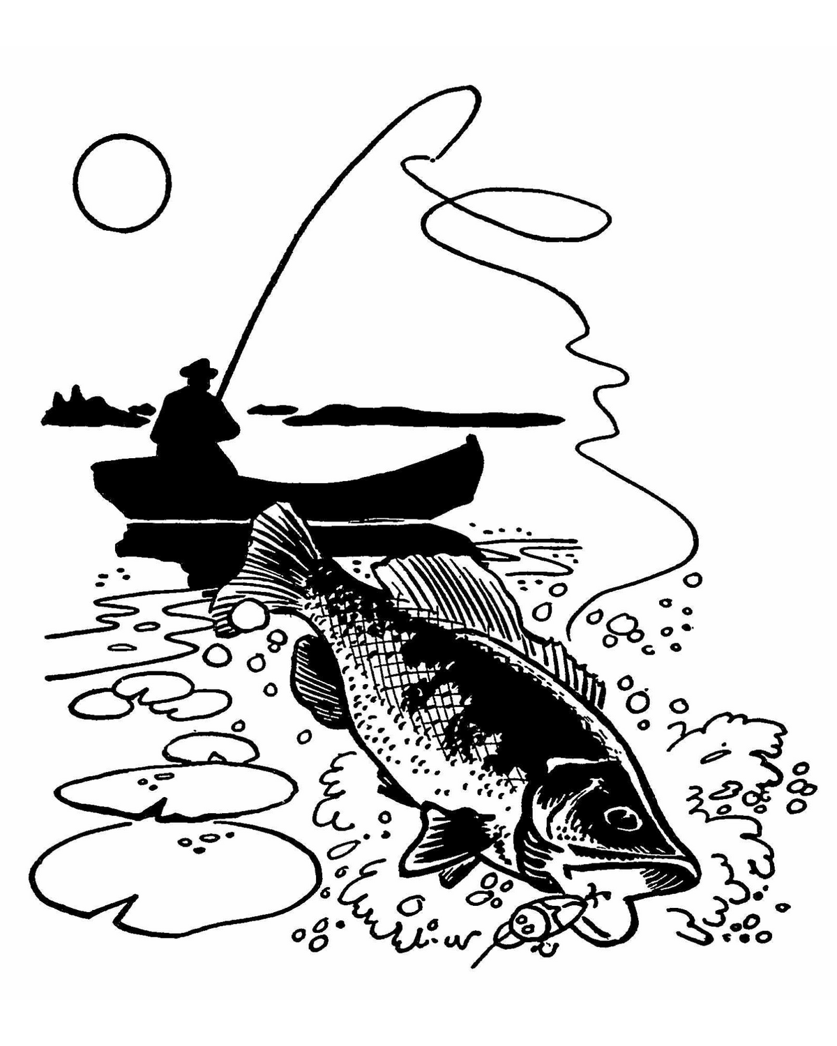 Black-and-white illustration by Harold E. Kohn of a bass being caught by a fisherman in a boat using a jitterbug lure